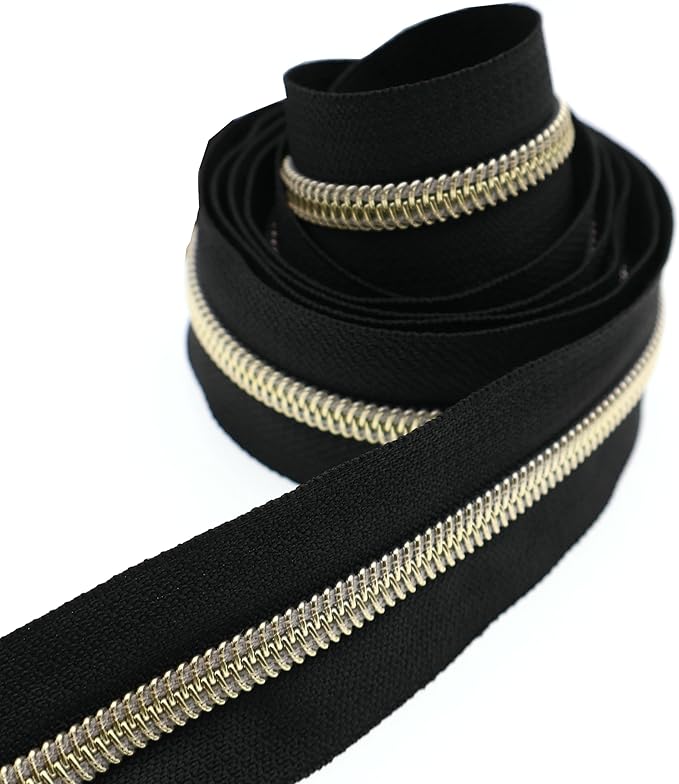Leekayer #5 Metallic Nylon Coil Zippers by The Yard Bulk 10 Yards Black Zipper Tape with 25pcs Gold Ring Pull Sliders for DIY Sewing Tailor Craft Bag(Black Gold)