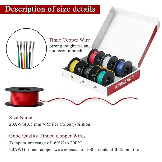 20 Gauge Electrical Wire,20 awg Silicone Wire-XINWANG 20 Gauge Stranded Tinned Copper Wire with Silicone Insulation(OD: 1.75 mm) 6 Colors,20ft Each, Hook Up Wire Kit