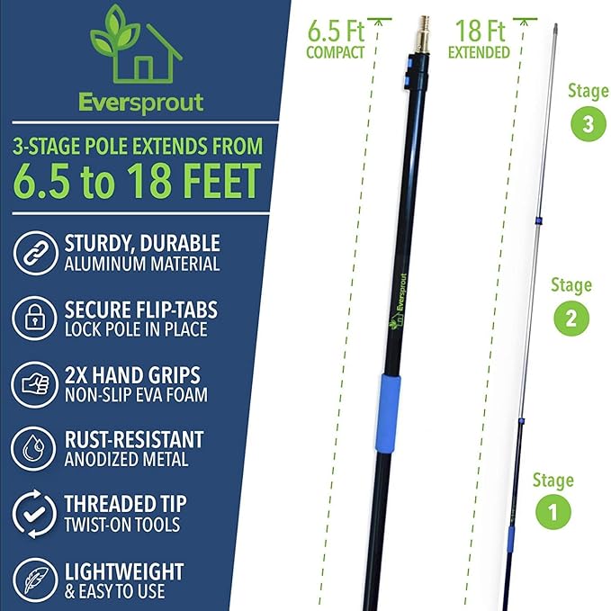 EVERSPROUT 6.5-to-18 Foot Telescopic Extension Pole (25 Ft Reach) | Lightweight Sturdy Aluminum | Easy Flip-Tab Lock Mechanism | Twist-On Metal Tip works for Squeegee, Duster, Paint Roller (pole only)