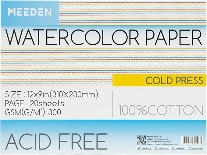 MEEDEN Watercolor Paper Block, 100% Cotton Watercolor Paper Pad of 20 Sheets, 140lb/300gms, Acid-Free Art Paper for Watercolor, Gouache, Ink and More, 9" x 12" Cold Press