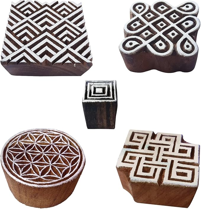Royal Kraft Square Wooden Printing Stamps (Set of 5) - DIY Henna Fabric Textile Paper Clay Pottery Blocks Htag2212