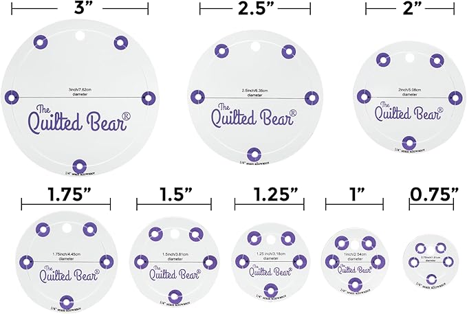 The Quilted Bear Circle Quilting Templates – 8 Clear Non-Slip Acrylic Quilt Templates for Precise Fabric Cutting & Stress-Free Machine Quilting - Ideal for Quilt & Sewing Supplies (¾–3")