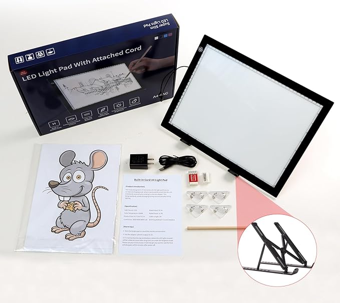 A4 Light Pad with Foldable Stand, UL Certified Adapter, 8000 Lux Super Bright Ultra Thin Pad for Cricut Weeding Vinyl, Artist Drawing Light Box/Board/Table for Tracing, Sketching - Black