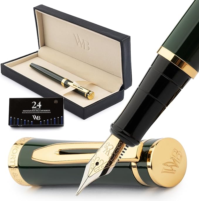 Wordsworth & Black Fountain Pen Set, 18K Gilded Medium Nib, Includes 24 Pack Ink Cartridges, Ink Refill Converter & Gift Box, Gold Finish, Calligraphy, [Racing Green], Perfect for Men & Women