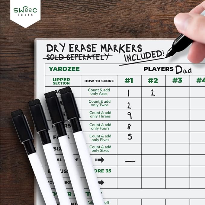 SWOOC Games® - 5 Big Premium Laminated Yardzee & Farkle Score Cards (11.5in x 8in) with Rules - Large Reusable Dry Erase Pads for Giant Outdoor Dice