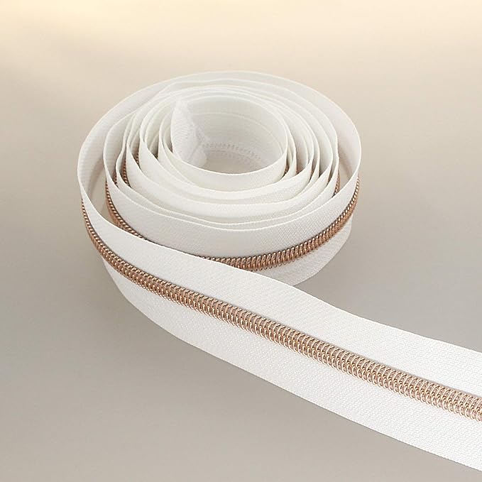 Leekayer #5 Rose Gold Metallic Nylon Coil Zippers by The Yard Bulk 10 Yards White Tape with 25pcs Rose Gold Sliders for DIY Sewing Tailor Craft Bag(White)