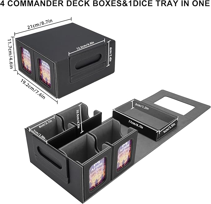 AFIING Commander Deck Box for MTG/EDH, Fits 400+ Double-Sleeved Cards, with Display Window, 4 Removable Deck Cases, Dividers, Dice Tray & Handle, Card Holders for TCG (Black Grey)