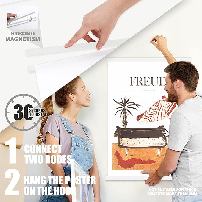 Ywlake Magnetic Poster Hanger, 11x17 11x14 11x22 Poster Frame Wood Wooden Magnet Print Posters Dowel Scroll Hanger Hangers Hanging Kit for Walls Map Canvas Artwork (White, 11")