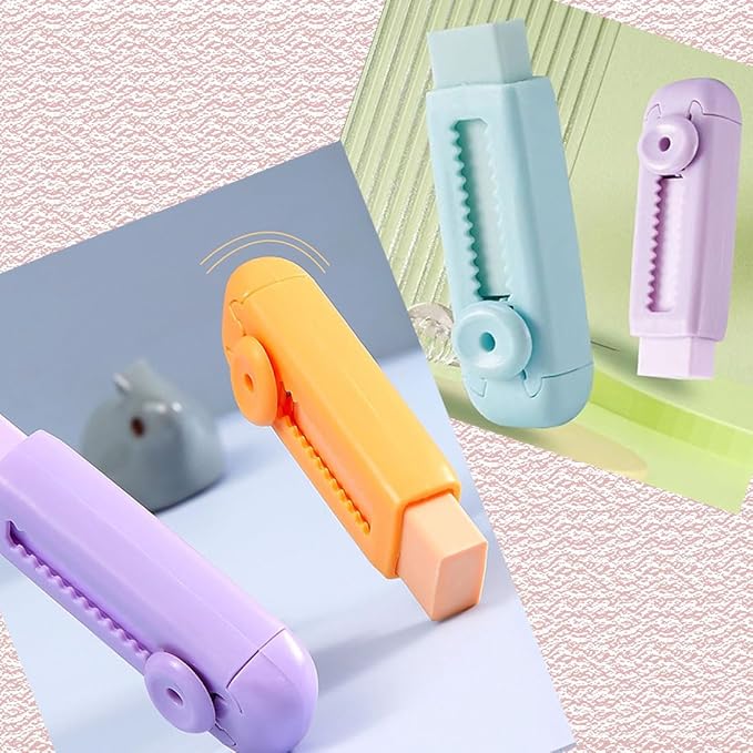 6Pcs Pastel Pencil Rubber Erasers Sliding Retractable Eraser Rectangular Push Pull Large Pencil Eraser with Plastic Sleeve Refill Writing Art Eraser for School Office Drawing