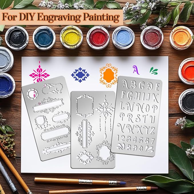 9PCS Metal Stencils Wood Burning Stencil Journal Border Stencils Letter Stencil Engraving Templates for Painting Scrapbooking Bookmark Flower Vines DIY(4 x 7 Inch)