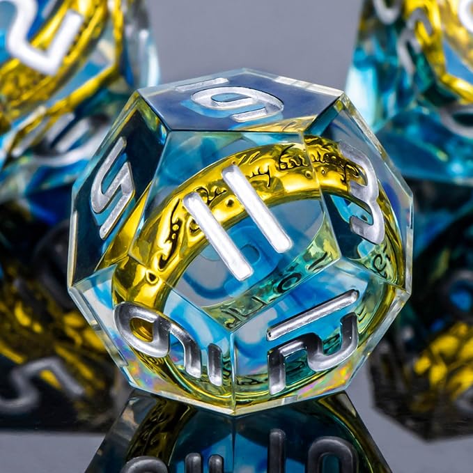 OUKELANWO Magic Lord Rings DND Dice Set with Box, 7Pcs Resin LOTR D&D Dice Set for Role Playing Game, Blue Dungeons Dragons D and D Sharp Edge Dice D20 D12 D10 D8 D6 D4