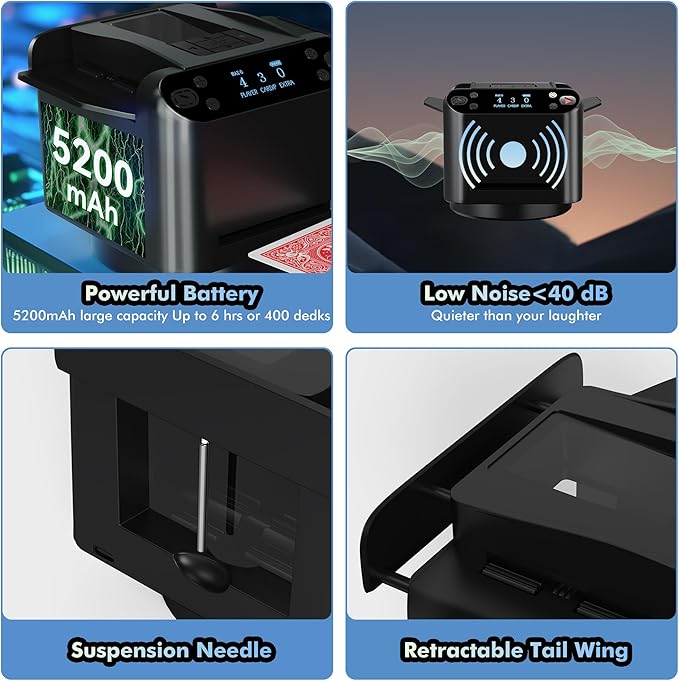 Automatic Card Shuffler and Dealer Machine 360° Rotation, Supports 12 Players, Rechargeable Card Shufflers, UNO Shuffler Card Machine Perfect for Rummy, Poker, Phase 10, Skip-Bo, Texas Hold'em
