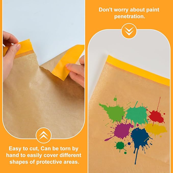 Pre-Taped Masking Paper for Painting, 2 Pack 18 inch x 66 Ft Masking Paper Roll and 1 inch x 66 Ft Masking Tape, Tape and Drape Paint Adhesive Papers for Covering Skirting, Frames, Cars and Auto Body