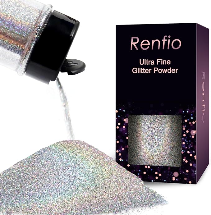 Renfio Holographic Ultra Fine Metallic Resin Glitter 2.11 Oz (60g) PET Flakes Crafts Sequins 1/128" 0.008" 0.2mm Epoxy Chips Flakes Rainbow Glitter for Tumblers Slime - Laser Silver