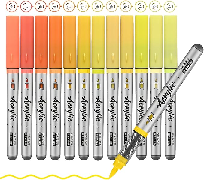 Yellow Orange Acrylic Paint Pens,12 Color Paint Pens Markers,Brush Tip Paint Pens for Rock Painting Wood Glass Ceramic Canvas Stone DIY Crafts Making Art Supplies