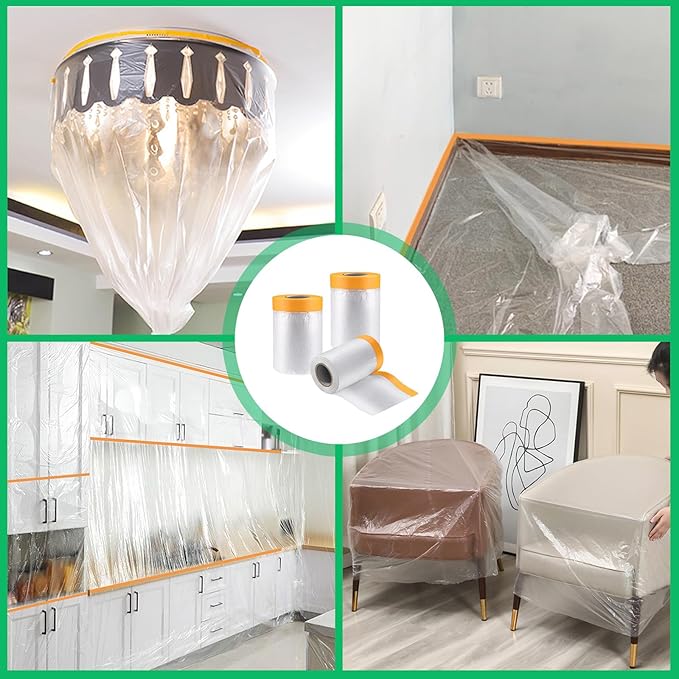 4 Pack Tape and Drape, 3 Sizes Pre-Taped Masking Film for Auto Painting Covering, 65.6 Ft/Pack Plastic Pre-Adhesived Dust Paint Protective Drop Film for Furniture, Car, Floor