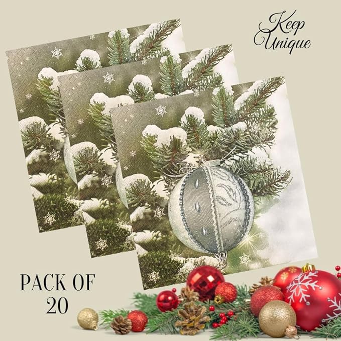 20-ct 13x13 Christmas Paper Decoupage Napkins, 3-Ply Servilletas Tissue Napkin for Dinner and Parties, Disposable Napkins (Ornament X)