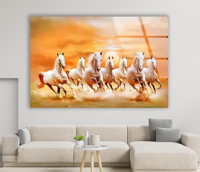 My Photostation.com 43Wx27H'' White Horses Running on Sunset Glass Wall ArtTempered Glass Printing Wall Decor Large Wall Art Wall Hangings