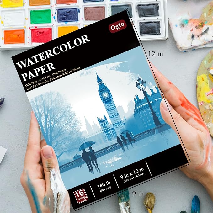 Watercolor Paper Pad, Watercolor Pad 9x12”, 300 GSM/ 140 lb Water Color Paper, 16 Sheets Cold Press - Painting, Drawing & Art Supplies for Adults & Kids, Watercolor Sketchbook for Wet & Dry Media.