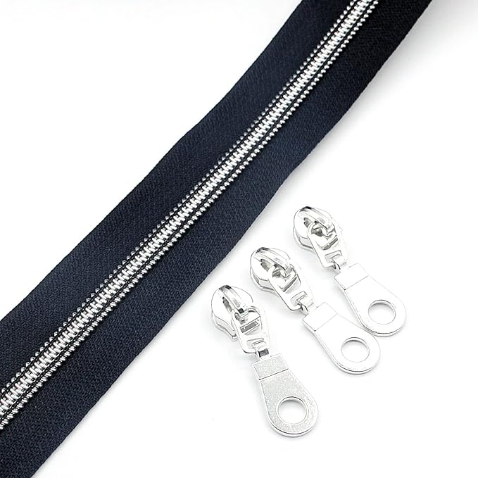 Leekayer #5 Silver Metallic Nylon Coil Zippers by The Yard Bulk 10 Yards Zipper Tape with 25pcs Silver Sliders for DIY Sewing Tailor Craft Bag (Navy Black)