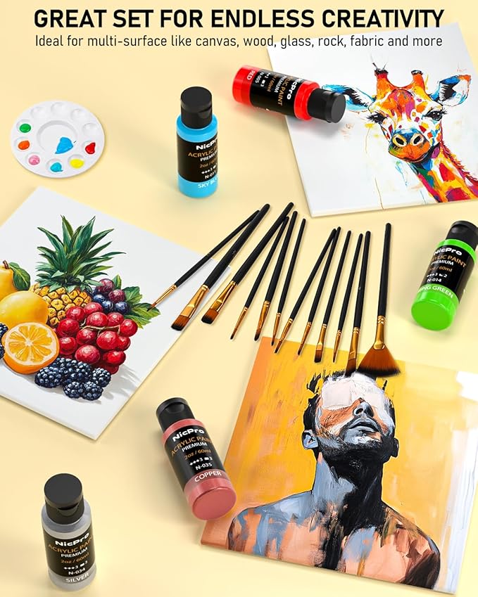Nicpro 36 Colors Acrylic Paint Set with 12 Brushes & Palette, Non Toxic Art Supplies Kit for Fabric Painting, Canvas, Clay, Wood, Rock & Ceramic, Rich Pigments for Beginners, Students & Professional Artist (2 oz, 60 ml)