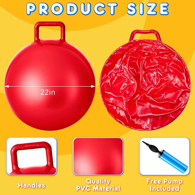 Lewtemi 3 Pcs 22 Inch Bouncing Ball with Handle, Outdoors Hopper Jumping Hopping Ball and Air Pump for Sports Exercise (Red, Blue, Yellow)