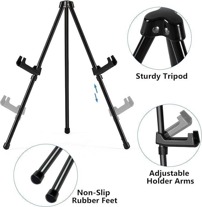 14" High Tabletop Instant Display Easel - Black Steel Small Tripod Easel Stand with Adjustable Holders for Pictures, Paintings, Posters and Store Signs(2 Pack)
