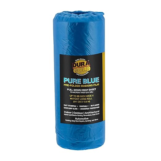 Dura-Gold 95" x 44' Pure Blue Pre-Folded Masking Film - Painters Plastic Roll (0.4 Mil) Pull Down Drop Sheet, Pre-Folded Plastic Sheeting for Painting Protection on Auto, Walls, Furniture