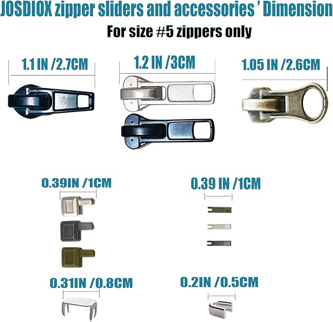 Zipper Repair Kit 39 Pcs, #5 Sliders with Pull, Metal Zippers Retainer Box,Insertion Pin 6 Sets, Replacement Zip Bottom/Top Stop, Metal, Plastic, Nylon Coil Zippers Head FIx on Jaceket