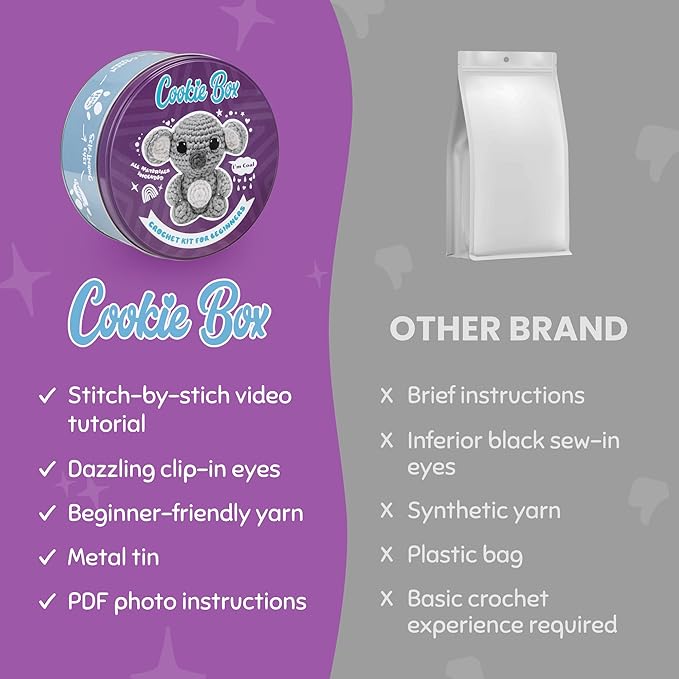 Cookie Box Crochet Kit for Beginners – Gift Set to Make Koala Coal Amigurumi Plushie – Easy DIY Crochet & Knitting Starter Kit with Video and PDF Tutorials