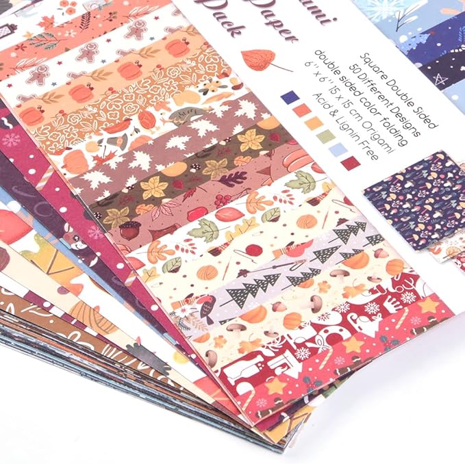 Origami Paper Kit 50 Sheets 70GSM 6 Inch Square Double Sided Color 50 Vivid Japanese Washi Chiyo Colors for Hand Crafts Origami Paper Arts Creativity.Winter