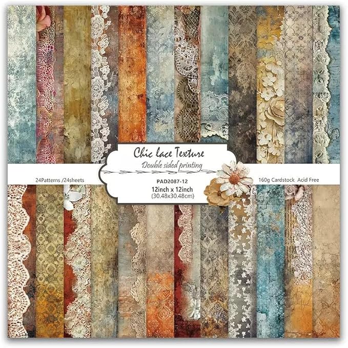 Vintage Lace Pattern Scrapbook Paper Pad 12×12,24 Sheets Double-Sided Coffee Floral Scrapbooking CardStock Paper Pad for Holiday Cardmaking DIY Junk Journal Origami Papers.