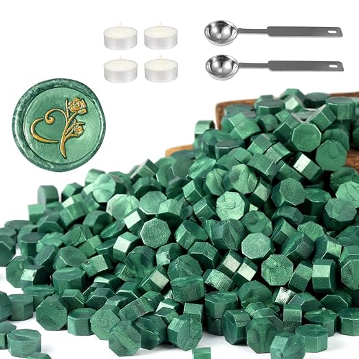 Yoption 360Pcs Metallic Green Sealing Wax Beads, Hexagon Wax Seal Beads with 4Pcs Tea Candles and 2 Melting Spoons for Wedding Invitations, Wine Packaging, Gift Wrap, Envelopes