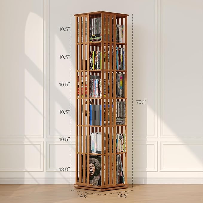 XIMN 360° Rotating Bamboo CD/DVD Shelf - 6-Tier Space-Saving Media Storage Cabinet for Movies, Organizer with Super Compact Design (Walnut, 6 Tier)