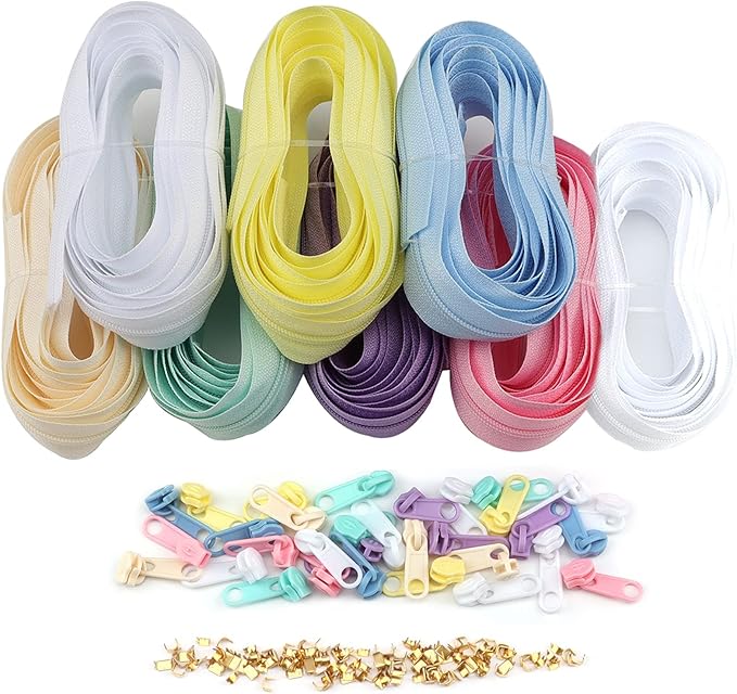 Zippers by The Yard for Sewing, DOITEM 2.8 mm Zippers 22.4 m Nylon Endless Zip Set with Slider and Zip for Sewing and Crafts – 7 Colors