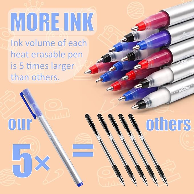 Heat Erasable Fabric Marking Pens Set | 11Pcs 3 Colors | Increase Ink Capacity & Writes Smooth | Sewing Quilting Supplies, Sewing Gifts