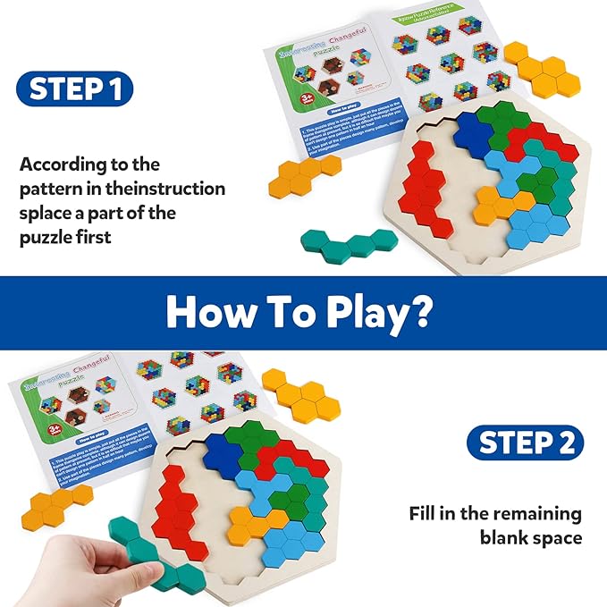 Skrtuan Wooden Blocks Puzzle for Kid Adults Brain Teaser Hexagon Puzzles Games Toy Shape Pattern Block Tangram Geometry Logic IQ STEM Montessori Educational Gift for Kids Boys Girls Challenge