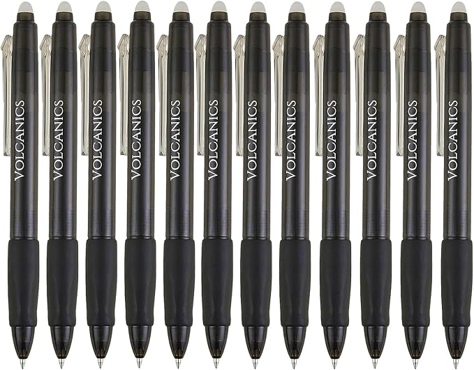 Volcanics Retractable Erasable Gel Pens Black 12 Pack, Click Erasable Gel Ink Pens for Smooth Writing & Easy Erasing, Refillable Erasable Click Pens for School Office Supplies