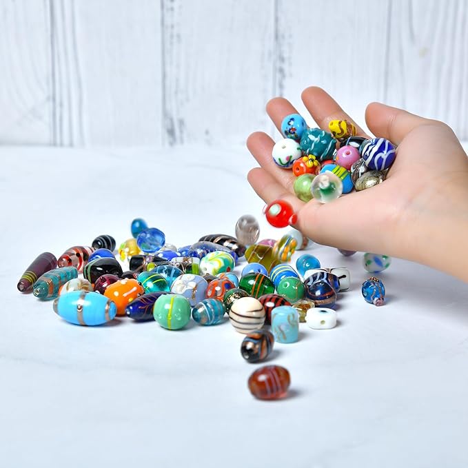 1 LB Bag of Assorted Glass Beads for Jewelry Making, Lampwork Murano Bead Mix for Bracelets and Necklaces, Crafting Beads Supplies Kit, Large & Small Beads (Assorted 200)