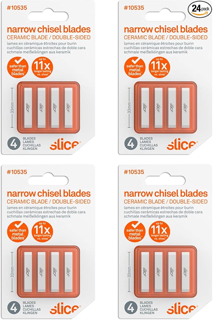 Slice 10535-CS Narrow Chisel Blades, Double Sided, Ceramic Blade Lasts 11x Longer Than Metal, Finger Friendly Edge, 24 Blades, White