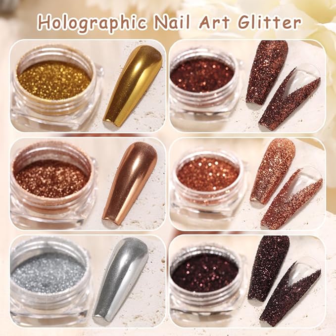 Chrome Nail Powder Metallic Mirror Effect Pigment Dust, Champagne Golden Ultra Fine Holographic Glitter Powder Reflective Pigment for DIY Gel Polish Nail Art, Resin Craft