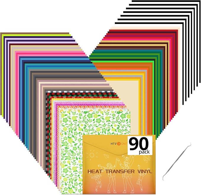 HTVRONT HTV Heat Transfer Vinyl Bundle, 90 Pack 12" x 10" Iron on Vinyl for t Shirts, 58 Assorted Colors HTV Vinyl with PTFE Sheet & Weeding Tools, Includes Glitter, Floral, Plaid, Neon, Geometric