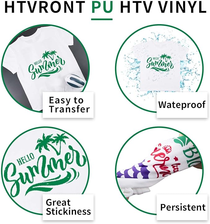 HTVRONT Green HTV Heat Transfer Vinyl - 24 Pack 12"x12" Green Iron on Vinyl Sheets for T-Shirt (1 PTFE Sheet Included), PU HTV Vinyl Easy to Cut & Weed for Heat Design