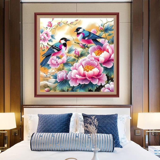 DMCXART Counted Cross Stitch Kits for Adults Needlepoint Kits Unprinted Cross Stitching Embroidery Kit 11CT Cross Stitch Supplies-Couple Bird Flowers 18x18 inch