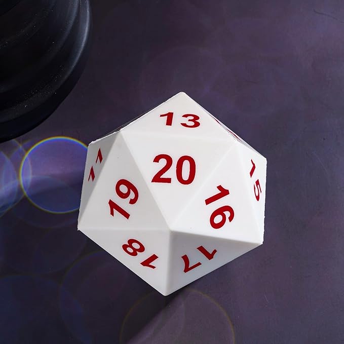 Large D20 Foam DND Dice, 80mm Spindown D&D RPG 20 Sided Dice with Drawstring Bag for Role Playing Games （White ）
