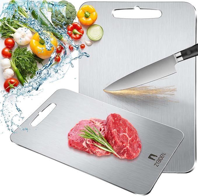 Pure Titanium Cutting Board, Stainless Cutting Boards for Kitchen, Double-Sided Food Grade Chopping for Meat, Vegetable & Fruit (8 * 12 IN)