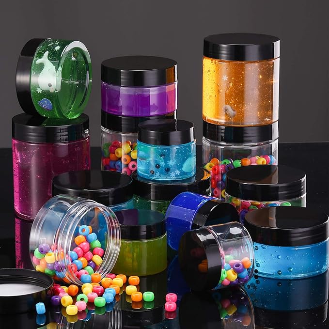 SATINIOR 12 Pack 6 oz Plastic Container Jars with Lids Round Clear Travel Cosmetic Container Slime Jars for Toiletries, Lotion, Cream, Ointments, Makeup, Rhinestone, Samples, Kitchen Storage(Black)