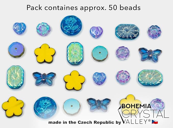 2.1oz (60g) of Focal Glass Bead Mix with Table-Cut Flower and Butterfly Beads, PG Blue