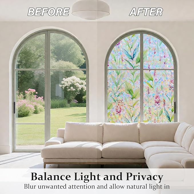 Donox Decorative Window Privacy Film, 3D Floral Stained Glass Window Film Static Cling Rainbow Privacy Sticker for Glass Door Heat Control Anti UV, No Adhesive (Gladiolus,23.6 x 157.4 inches)