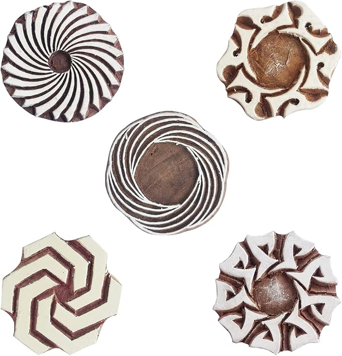 Royal Kraft Round Wooden Printing Stamps (Set of 5) - DIY Henna Fabric Textile Paper Clay Pottery Blocks Htag2210